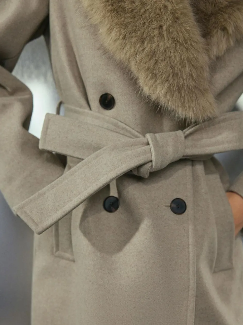 Next Stone Belted Coat with Faux Fur Detachable Collar