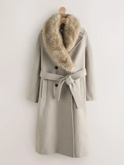 Next Stone Belted Coat with Faux Fur Detachable Collar