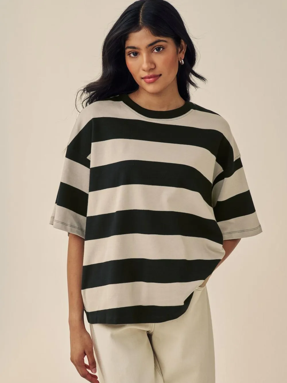 Online Next Stone Neutral Stripe Oversized Relaxed Fit Boxy Heavyweight Crew Neck T-Shirt