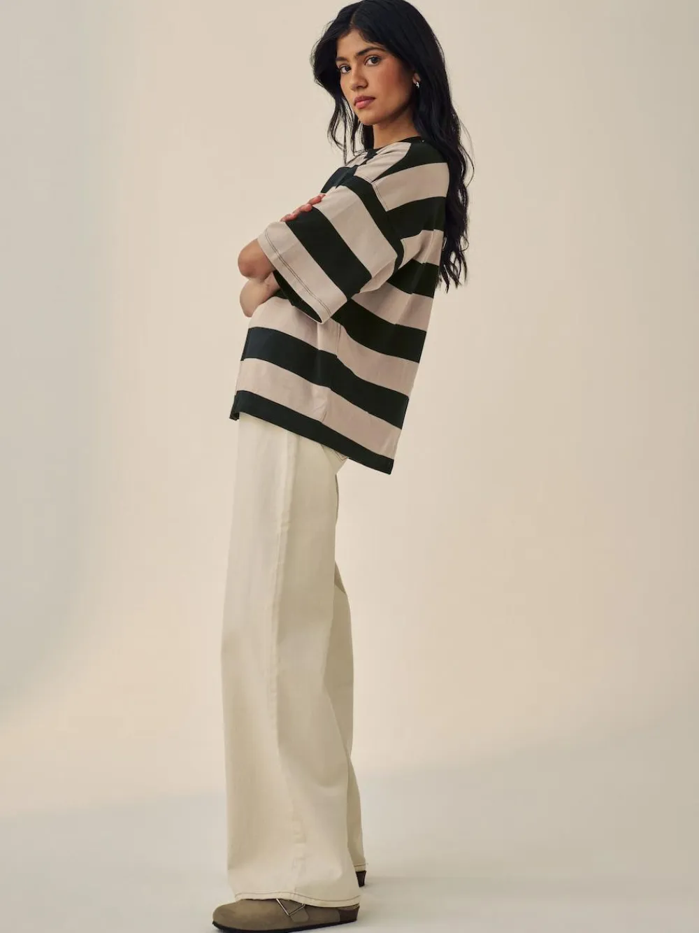 Online Next Stone Neutral Stripe Oversized Relaxed Fit Boxy Heavyweight Crew Neck T-Shirt