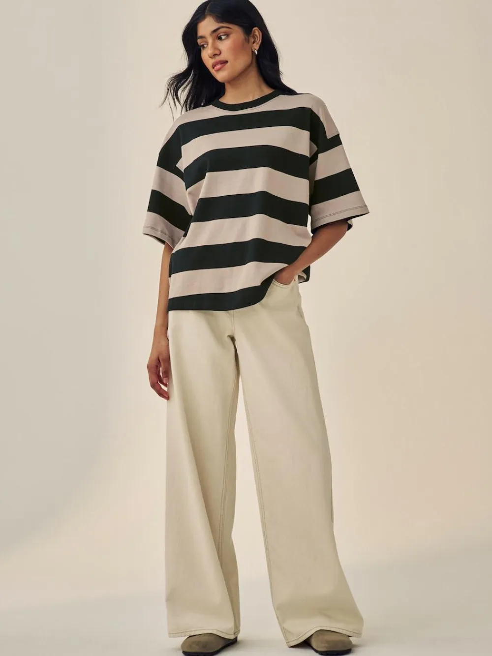 Online Next Stone Neutral Stripe Oversized Relaxed Fit Boxy Heavyweight Crew Neck T-Shirt