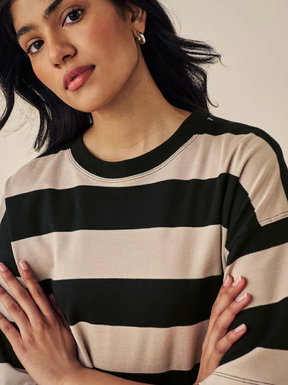 Online Next Stone Neutral Stripe Oversized Relaxed Fit Boxy Heavyweight Crew Neck T-Shirt