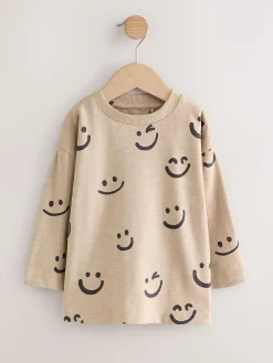 Next 100% Cotton Long Sleeve All-Over Print T-Shirt (3mths-7yrs) Stone Smile