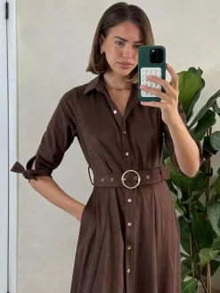 Style Cheat Brown Suedette Daphne Belted Dress^Women Midi Dresses