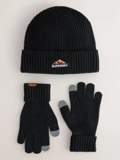 Superdry Black Beanie and Gloves Set^ Hats & Scratch Mitts
