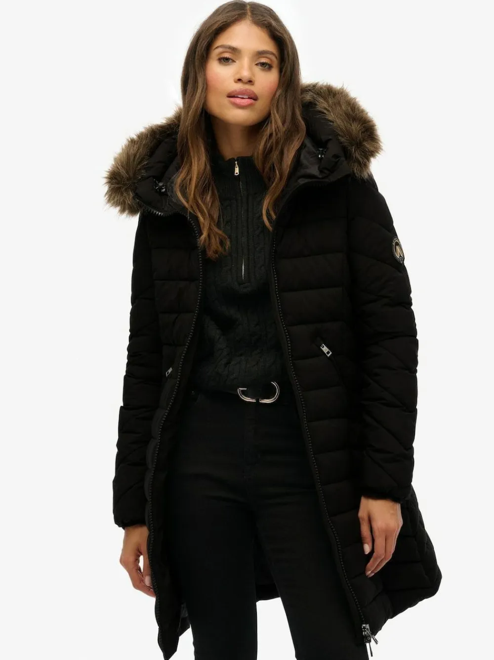 Superdry Black Fuji Faux Hood Mid Length Coat^Women Coats & Jackets|Coats & Jackets