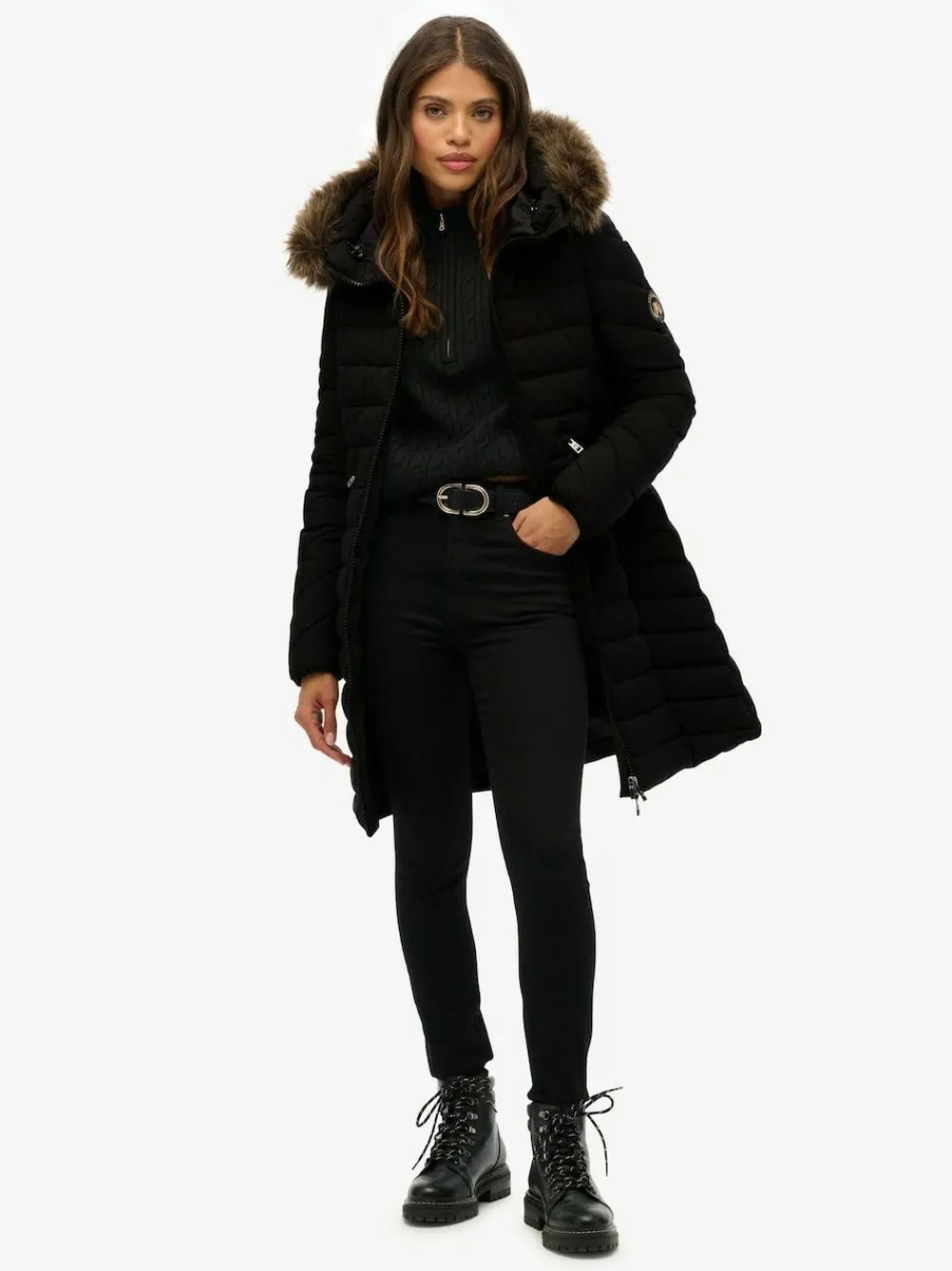 Superdry Black Fuji Faux Hood Mid Length Coat^Women Coats & Jackets|Coats & Jackets