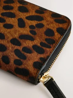 Online Next Tan Brown Animal Print Leather Hair On Zip Around Purse