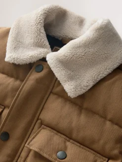 Next Tan Brown Canvas Worker Puffer Jacket With Borg Collar^ Coats & Jackets|Coats & Jackets