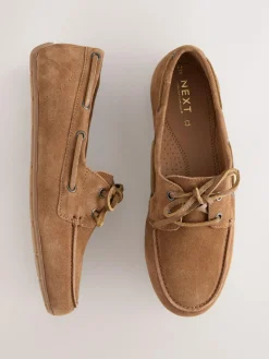 Next Tan Brown Extra Wide Fit Leather Round Toe Boat Shoes