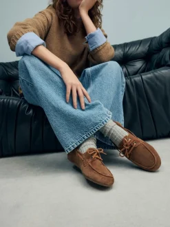 Next Tan Brown Extra Wide Fit Leather Round Toe Boat Shoes