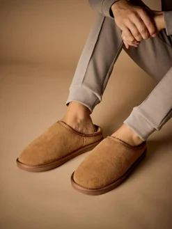 Online Next Faux Fur Lined Signature Suede Mule Slippers Tan Brown