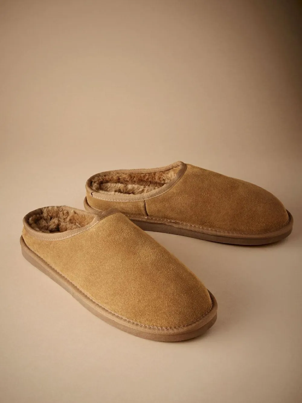 Online Next Faux Fur Lined Signature Suede Mule Slippers Tan Brown