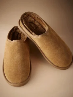 Online Next Faux Fur Lined Signature Suede Mule Slippers Tan Brown