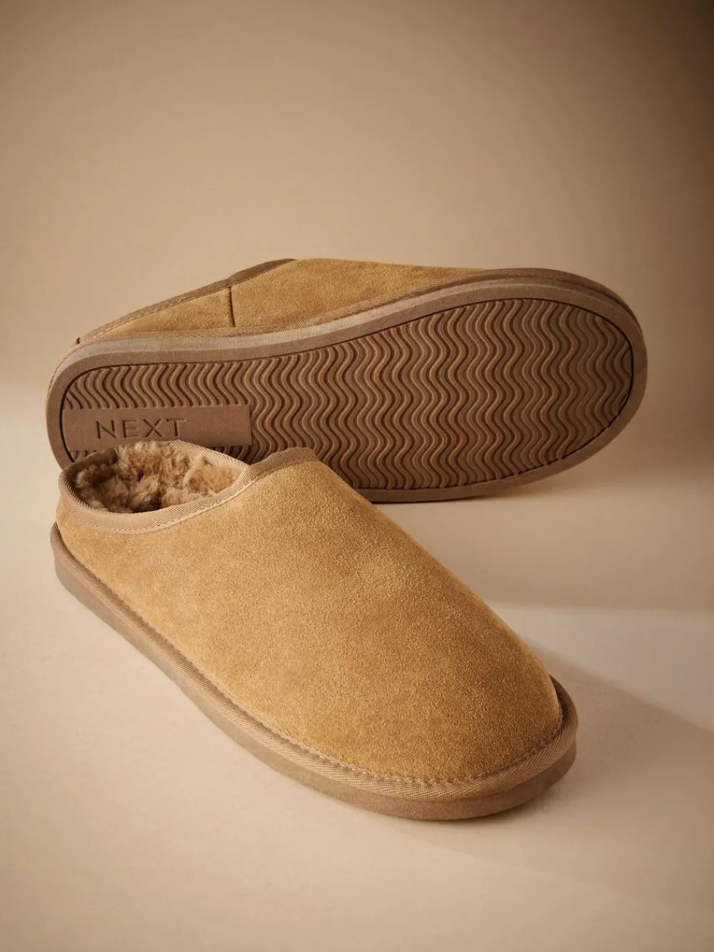 Online Next Faux Fur Lined Signature Suede Mule Slippers Tan Brown