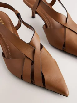 Online Next Forever Comfort® Leather Weave Point Toe Slingback Heels Tan Brown