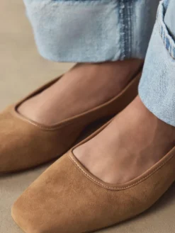 Next Tan Brown Forever Comfort® Leather Square Toe Ballerina Shoes^Women Flats