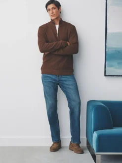 Outlet Next Plain N.Premium Regular Fit Cotton Rich Textured Premium Quarter Zip Jumper Tan Brown