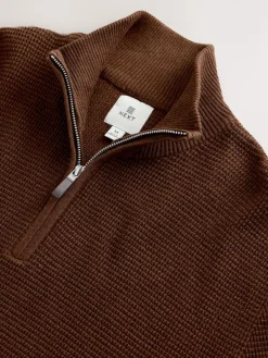 Outlet Next Plain N.Premium Regular Fit Cotton Rich Textured Premium Quarter Zip Jumper Tan Brown