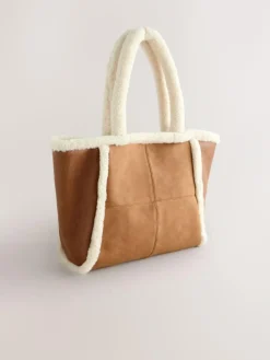 Next Tan Brown PU Borg Tote Bag^Women Bags