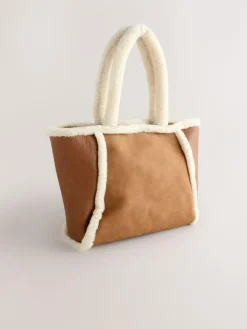 Next Tan Brown PU Borg Tote Bag^Women Bags