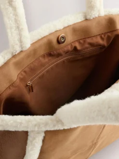 Next Tan Brown PU Borg Tote Bag^Women Bags