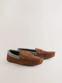 New Next Signature Suede Fabric Trim Moccasin Slippers Tan Brown