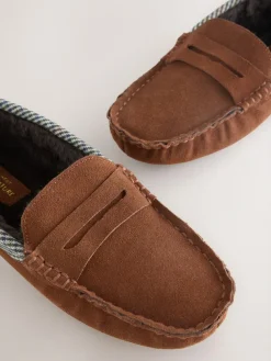 New Next Signature Suede Fabric Trim Moccasin Slippers Tan Brown