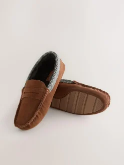 New Next Signature Suede Fabric Trim Moccasin Slippers Tan Brown