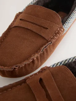 New Next Signature Suede Fabric Trim Moccasin Slippers Tan Brown