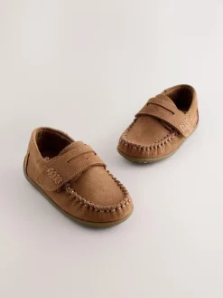 Next Tan Brown Standard Fit (F) Leather Penny Loafers with Touch and Close Fastening^ Shoes