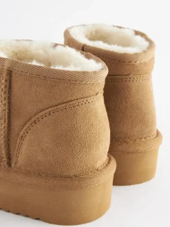New Next Tan Brown Standard Fit (F) Flatform Mini Warm Lined Water Repellent Suede Pull-On Boots