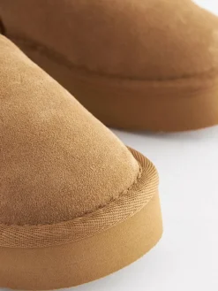 New Next Tan Brown Standard Fit (F) Flatform Mini Warm Lined Water Repellent Suede Pull-On Boots
