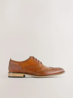 Online Next Standard Fit Leather Contrast Sole Brogue Shoes Tan Brown