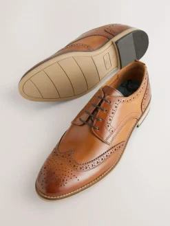 Online Next Standard Fit Leather Contrast Sole Brogue Shoes Tan Brown