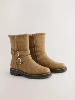 Next Standard/Wide Fit Forever Comfort® Double Buckle Faux Fur Lined Ankle Boots^Women Wide Fit & Extra Wide Fit