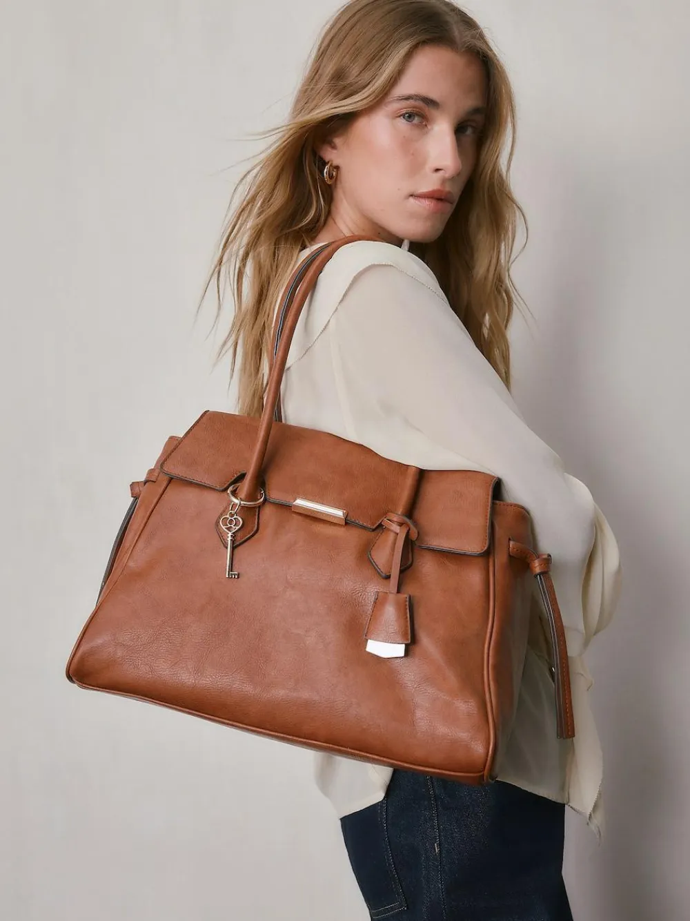Next Tan Brown Structured Tote Bag^Women Bags