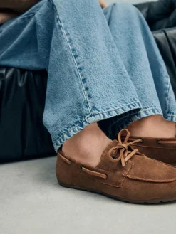 Next Standard Fit Leather Round Toe Boat Shoes^Women Flats|Wide Fit & Extra Wide Fit