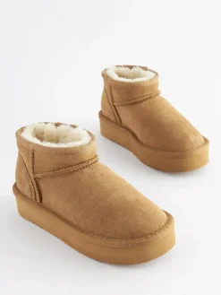 Outlet Next Wide Fit (G) Flatform Mini Warm Lined Water Repellent Suede Pull-On Boots Tan Brown