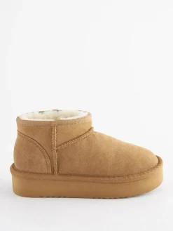 Outlet Next Wide Fit (G) Flatform Mini Warm Lined Water Repellent Suede Pull-On Boots Tan Brown
