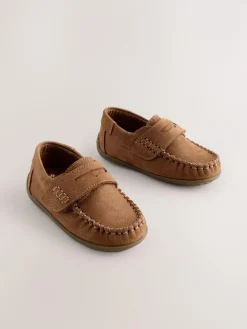 Next Tan Brown Wide Fit (G) Leather Penny Loafers with Touch and Close Fastening^ Shoes