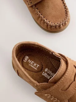 Next Tan Brown Wide Fit (G) Leather Penny Loafers with Touch and Close Fastening^ Shoes