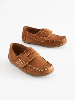 Hot Next Wide Fit (G) Leather Penny Loafers with Touch and Close Fastening Tan Brown