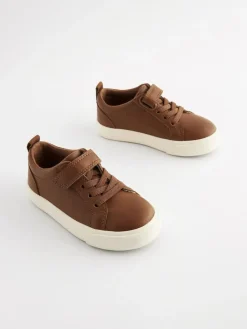 Hot Next Wide Fit (G) Touch Fastening Elastic Lace Trainers Tan Brown