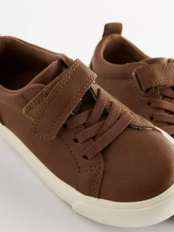 Hot Next Wide Fit (G) Touch Fastening Elastic Lace Trainers Tan Brown