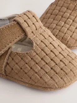 New Next Leather Baby T-Bar Shoes (0-24mths) Tan Woven Suede