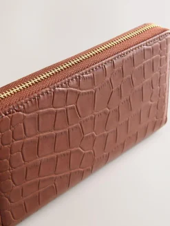 Hot Next Tan/Brown Croc Effect Zip Around Purse