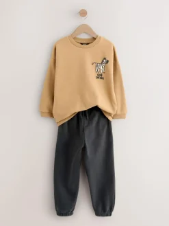 Outlet Next Tan/Ecru/Charcoal Grey 2 Pack Sweatshirt and Joggers Set (3mths-7yrs)