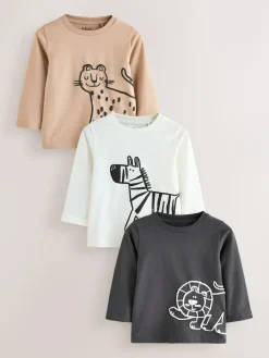 Discount Next Tan/White/Black Safari Long Sleeve Graphic Print T-Shirts 3 Pack (3mths-7yrs)