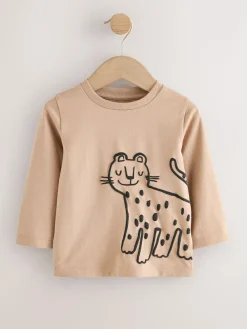 Discount Next Tan/White/Black Safari Long Sleeve Graphic Print T-Shirts 3 Pack (3mths-7yrs)